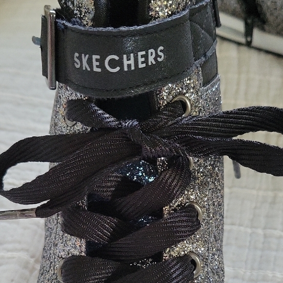 Skechers Kids Glittery High-Top Sneakers - Black and Silver With Side Zipper - Picture 2 of 9